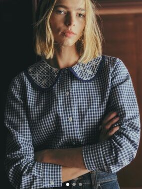 SOLD. Thomy Blue Gingham Button-Up Shirt with Embroidered Collar
